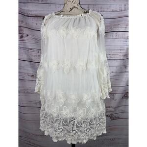 First Lady Lace Embroidered Blouse Top Womens 6 3/4 Sleeves Sheer Floral Ivory